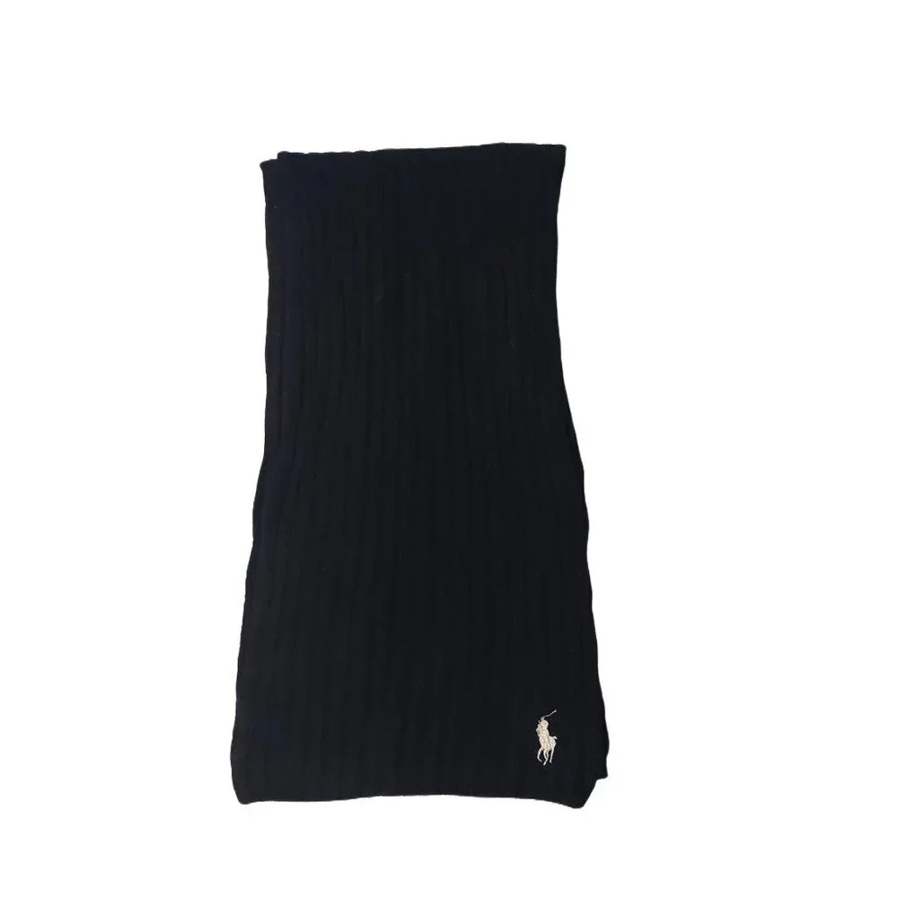 POLO Ralph Lauren 80s Vintage Black Ribbed Knit Scarf Embroidered Logo Scarves